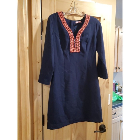 Lilly Pulitzer Dresses & Skirts - Lilly Pulitzer Bennett Navy Blue Dress w/ Coral & Gold Beading - Size 6‎